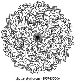 Striped abstract mandala with swirls, meditative coloring page in circle shape with symmetrical patterns vector illustration