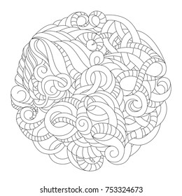 Striped abstract ornamental illustration for design, coloring. Black and white doodle. Round pattern  