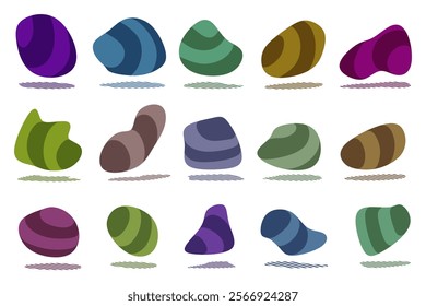 Striped abstract shapes with shadow lines. Set of flat vector illustrations.