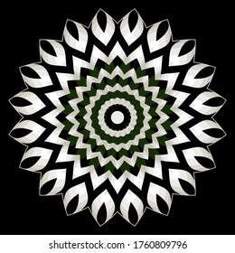 Flor vectorial abstracta rayada. Patrón de Mandala. Fondo floral ornamental. Marco decorativo en blanco y negro. Ornamento geométrico con rayas radiales, líneas de zag en zig, formas. Diseño simétrico.