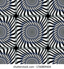 Striped abstract vector seamless pattern. Ornamental squares background. Repeat black and white  backdrop. Geometric ornament with stripes,optical illusion, lines, shapes. Symmetrical ornate design.