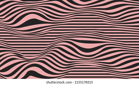 Striped abstract wavy background. Op art. Geometric pattern with distortion, optical illusion. Vector illustration