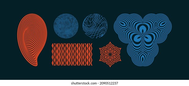 Striped abstraction. Abstract geometric pattern with wavy lines. Sphere with twist lines. Circle with many chaotic dots. Flower sign. Optical illusion of volume. 3d vector illustration.