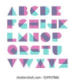 Striped alphabet made of crossed lines. Vector.