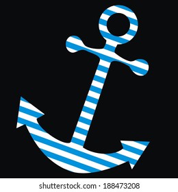 striped anchor , vector blue and white icon on black background