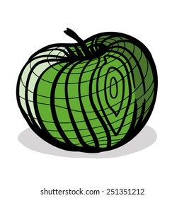 Striped apple. A children's sketch. Color image.