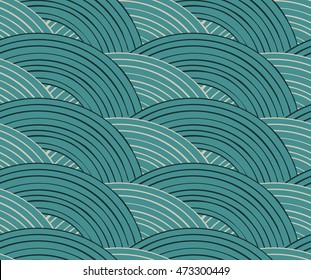 Striped arks overlapping on green.Hand drawn seamless background.Hatched pattern. Fabric design.