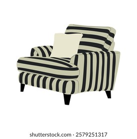 Striped armchair, outdoor, patio, garden yard furniture interior design element. Flat vector illustration isolated on white background