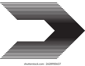 Striped arrow, black on white. Strict vector design element. Sport racing pattern. Direction indicator, navigation. Stripe on car, moto, boat, sports car and toy. Vector background. Speed. Movement
