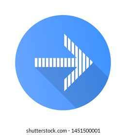 Striped arrow flat design long shadow glyph icon. Arrowhead indicating rightward. Direction pointer. Navigation pointer, indicator. Cursor symbol. Orientation arrow. Vector silhouette illustration