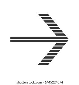 Striped arrow glyph icon. Forward indicator, right turn. Pointer sign. Next, forward. Navigation cursor. Arrowhead indicating rightward. Silhouette symbol. Negative space. Vector isolated illustration