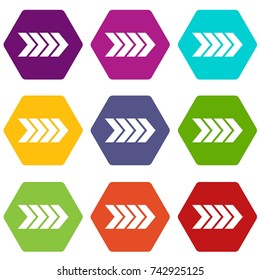 Striped arrow icon set many color hexahedron isolated on white vector illustration
