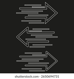 Striped arrow icons. Alternating motion symbol. Dark speed Vector. Layered flow graphic.