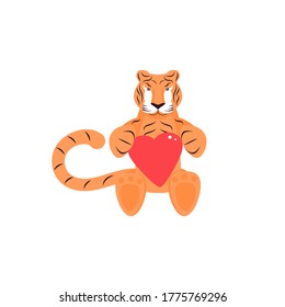 Striped, Asian tiger with a big heart in its paws. Vector illustration on a white background. Flat design.
