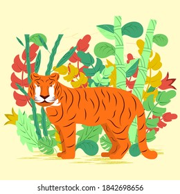 Striped, Asian tiger in a tropical forest among bamboo thickets. Vector illustration on a colored background. Flat design.
