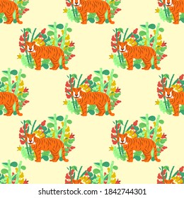 Striped, Asian tiger in a tropical forest among bamboo thickets. Vector illustration on a colored background. Flat design. Pattern.
