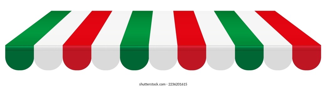 Striped awning in italy flag colors. Italian cafe, restaurant, store, hotel, tent roof, template for design. 3D realistic vector mockup isolated on white background.