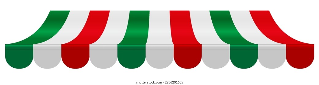 Striped awning in italy flag colors. Italian cafe, restaurant, store, hotel, tent roof, template for design. 3D realistic vector mockup isolated on white background.