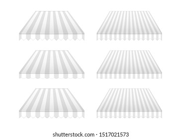 Striped awning set, realistic vector mockup illustration. Outdoor canopy with wavy and triangular edges, mock-up. Tent roof for building facade, template for design.