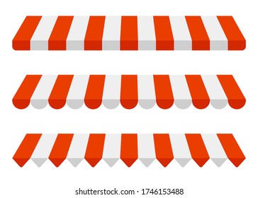 Striped awning set, red and white sunshade mockup. Canopy for shops, stores, hotels, cafes and street restaurants. Outside tent roof, canopy from the sun. Vector template illustration