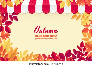 Striped awning with various autumn leaves horizontal template. Retro vector illustration. Oak, mountain ash, rowan, hawthorn. Design for poster, invitation, card, banner, flyer. Place for your text