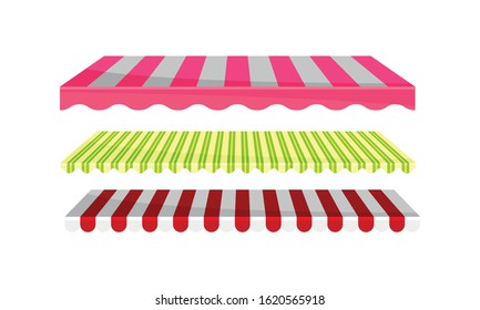 Striped Awnings for Market Stalls Vector Set. Outdoor Marketplace Concept