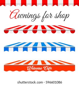 Striped Awnings for Shop in different forms. Red and white border with sample text. Red and White, Blue and white Awnings isolated on a white background. Building design elements.