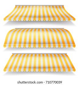 Striped Awnings Vector Set. Large Striped Awnings For Shop And Market Store. Isolated On White Background Illustration
