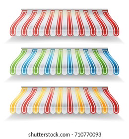 Striped Awnings Vector Set. Large Striped Awnings For Shop And Market Store. Design Element For Shops, Store Front. Isolated Illustration