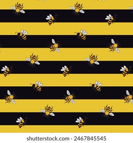 Striped background with bees.Vector seamless pattern with bees on a striped color background.