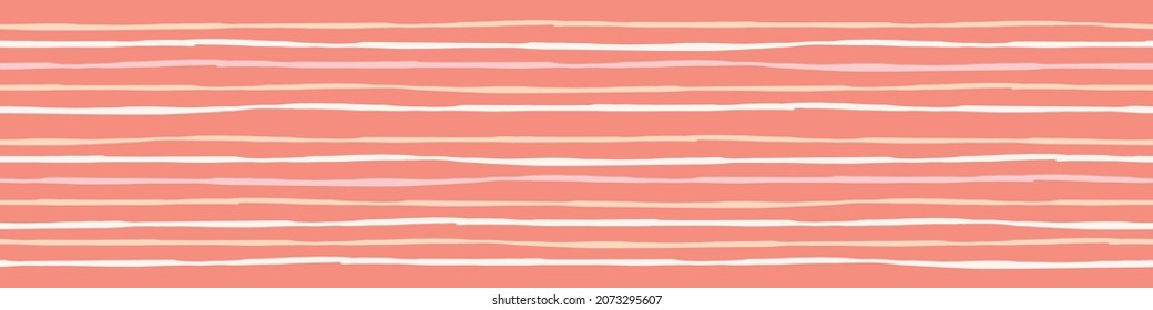 Striped background border. Textured abstract stripe design banner in terracotta orange. Vector seamless repeat pattern. Hand drawn wavy stripes.