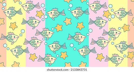 Fondo a rayas con adorables peces de dibujos animados, estrellas de mar y burbujas de aire en vector. Ornamento de tela natural para bebés, recién nacidos.