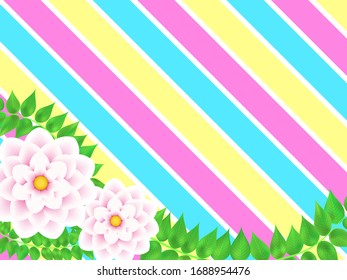 Striped background with flowers and green leafs decoration. Elegant design element.