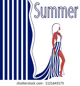 Striped background. Girl on the beach. Summer is a rest time.Glasses from the sun, sea, summer vacation.	