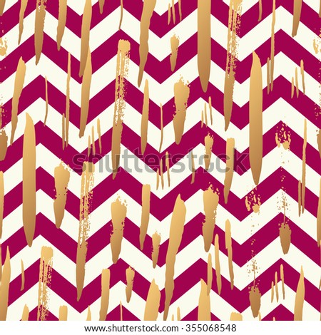 Striped background with gold brush strokes and black and vinous winy marsala stripes chevrons. Hand drawn ink background. Fashion trendy wallpaper. Gradient seamless pattern. Modern painted card