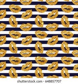 Striped background with gold glittering lips. Seamless pattern. Vector illustration.