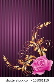 Striped background with golden ornament and rose