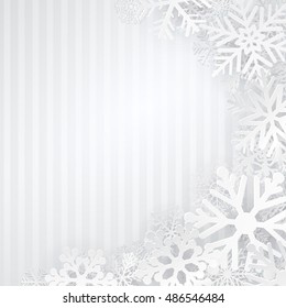 Striped background in gray colors with white snowflakes
