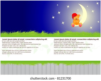 Striped background with green grass and bear a hat sitting on a crescent moon of the sky