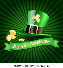 Striped background with green hat, golden coins and ribbon - St.Patrick Day wish. Vector illustration.