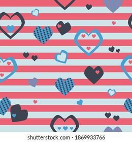 Striped background with hearts of various shapes in red, blue and blue. Seamless texture for textiles, packaging paper.