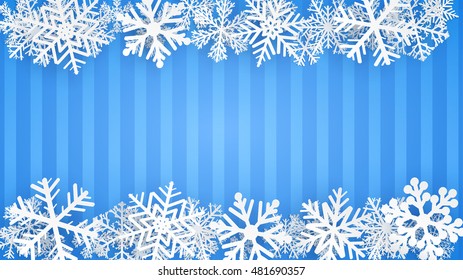 Striped background in light blue colors with white snowflakes