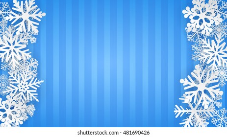 Striped background in light blue colors with white snowflakes