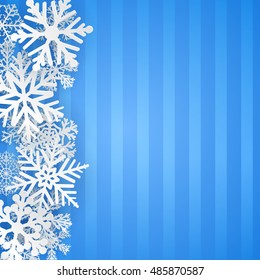 Striped background in light blue colors with white snowflakes