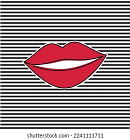 Striped background with one line continuous drawing vector illustration. Outline lips silhouette. Female hand drawn mouth linear icon. Print design, banner, card, wall art poster, brochure.