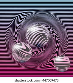 Striped background optical illusion effect. Transparent glass spheres. Vector illustration