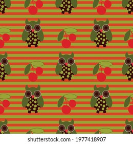 Striped background with owls and cherries vector