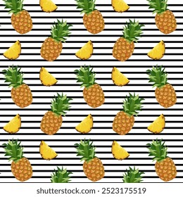 Striped background with pineapples.Vector seamless pattern with whole and sliced ​​pineapples on striped background.