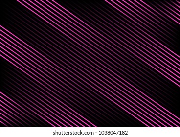 Striped background. Pink neon diagonal lines on black background. Vector illustration.