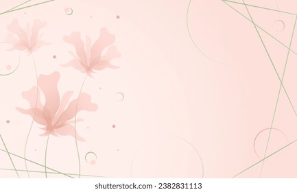 Striped background with pink translucent delicate flowers on stem and pollen. Pink and white background. Vector. EPS10.